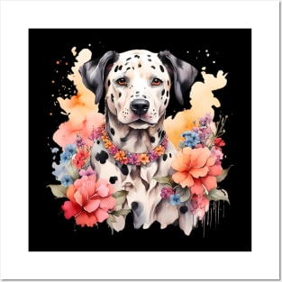 A dalmatian decorated with beautiful watercolor flowers Posters and Art